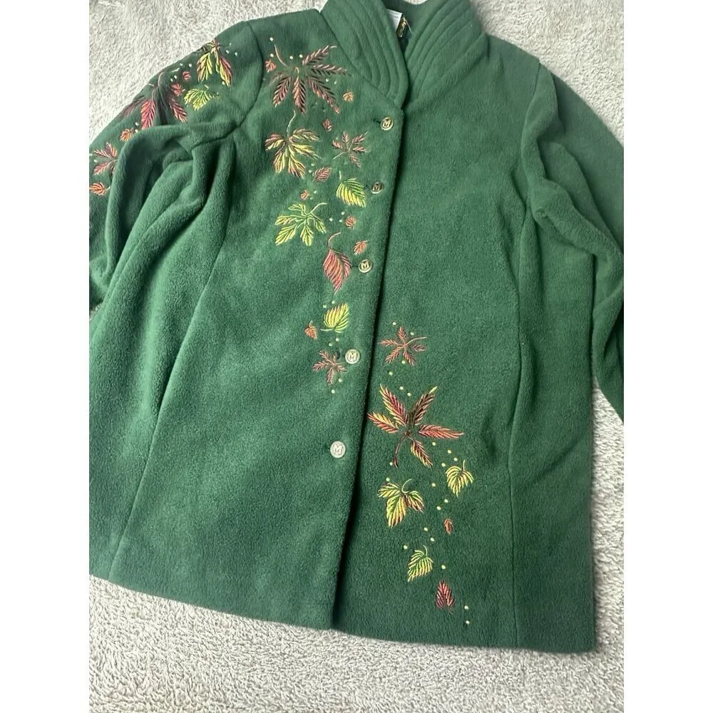 Bob Mackie Embroidered Fleece Jacket Green Button Front Fall Leaves Women’s XL